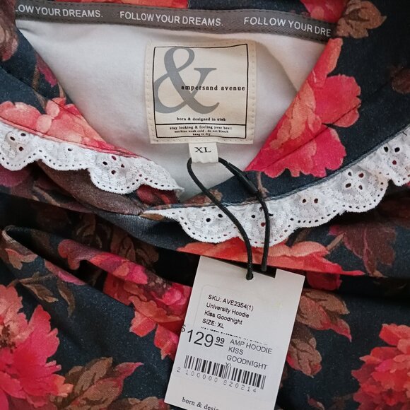 NWT Ampersand Avenue Womens University Hoodie Kiss Goodnight Floral Lace Size XL - Picture 6 of 10